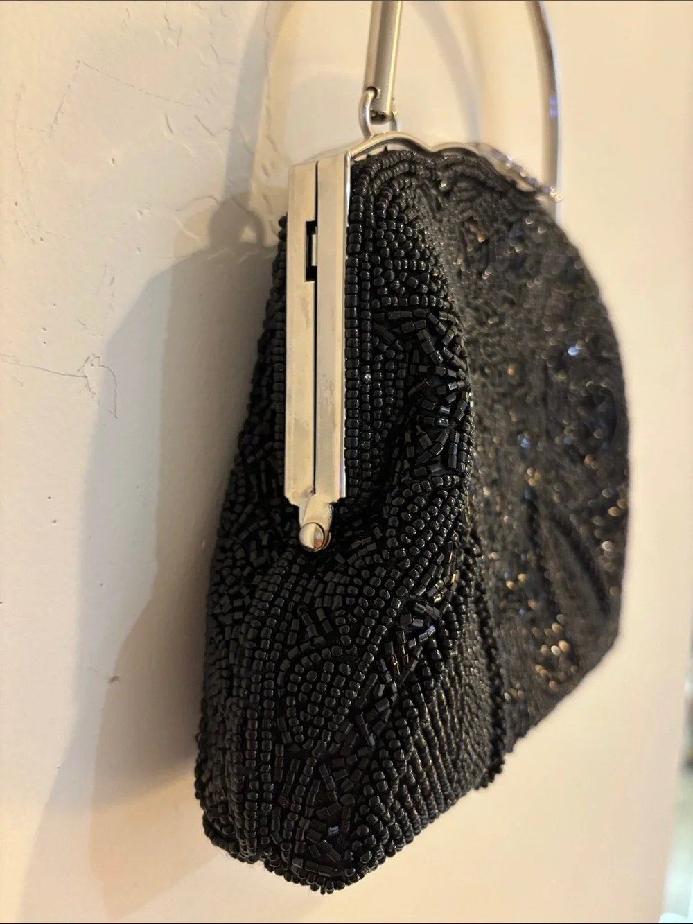 Small Black Beaded w metal Handle Evening Bag, satin lining